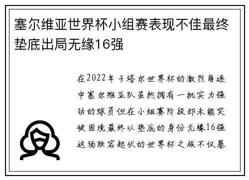 塞尔维亚世界杯小组赛表现不佳最终垫底出局无缘16强 塞尔维亚世界杯小组赛表现不佳最终垫底出局无缘16强